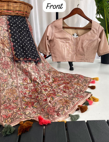 Tussar Saree with Bandini print and Kantha Work