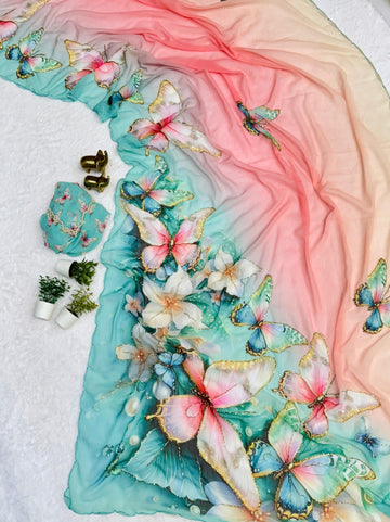 Georgette Butterfly and Floral Designs Saree with Handwork