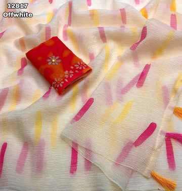 Designer Chiffon Silk Crush Saree with Lenin Embroidery Work Blouse