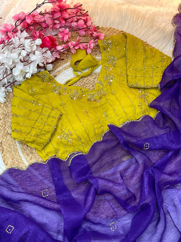 Soft Crunchy Silk Saree with Fully Stitched Blouse fits upto 42