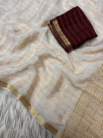 Pure Soft Viscose Chinon Saree With Viscose contrast Blouse