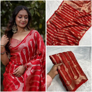 Red Banarasi Tissue Crushed Saree