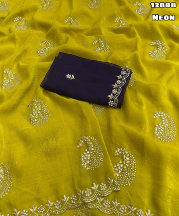 Mustard Yellow Crunchy Crush Saree with Beautiful Embroidery Work
