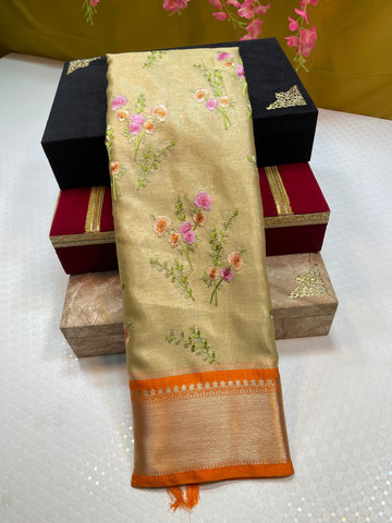 Premium Gold Tissue Silk with Elegant Work