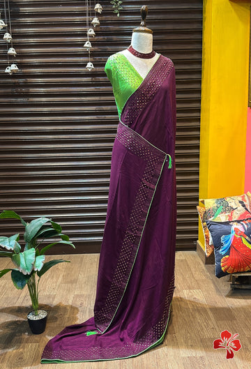 Beautiful Wine Vichitra Silk Saree with Stone Work