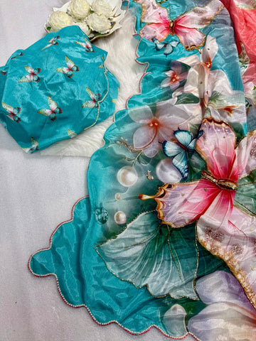Pure Malai Silk Saree with Beautiful Digital Prints Butterfly & Flower with Hand Cutdana Work