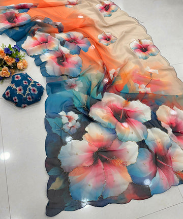 Chiffon floral saree with cutdana work