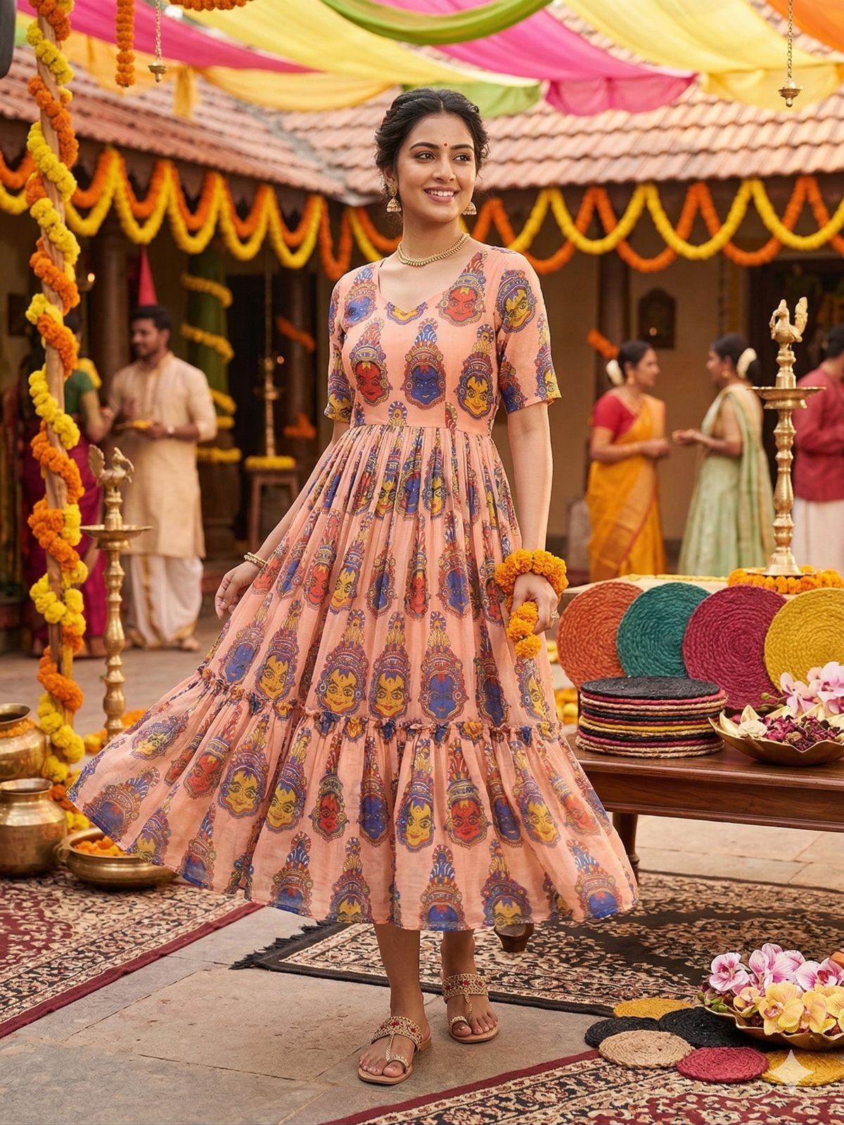 kalamkari midi dress Black Kalamkari Cotton Gathered Midi Dress