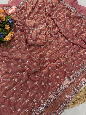 Premium Soft Space Sattin Dual Shad Saree Beeds Tone To Tone Work Saree With Running Blouse