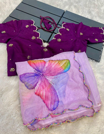 Saree with Readymade Blouse Soft Satin Organza with Flower Handprint in All Over Cutdana Work