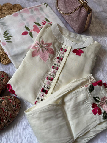 Cream Premium Designer Kurti Set