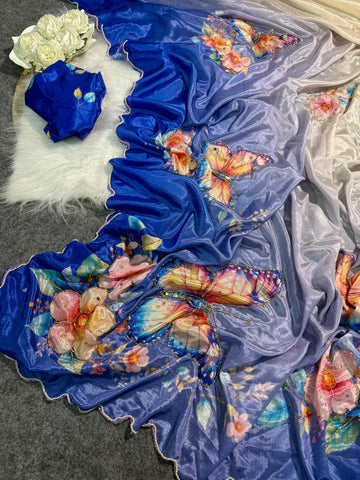 Soft Georgette Malai Silk with Beautiful Floral & Butterfly Design with Cutdana Work
