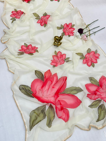 chiffon floral saree with cutwork and lace border