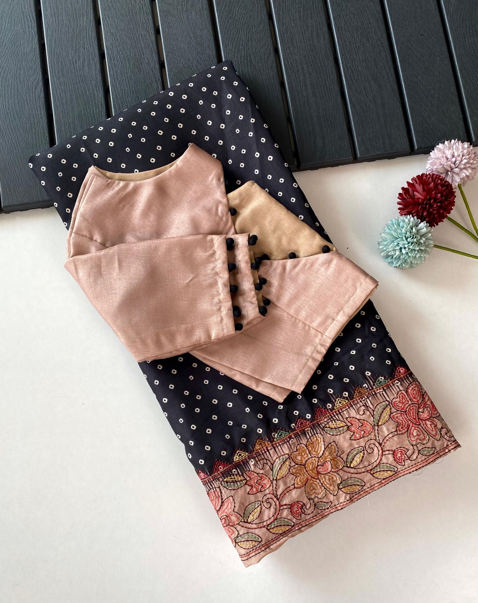 Tussar Saree with Bandini print and Kantha Work