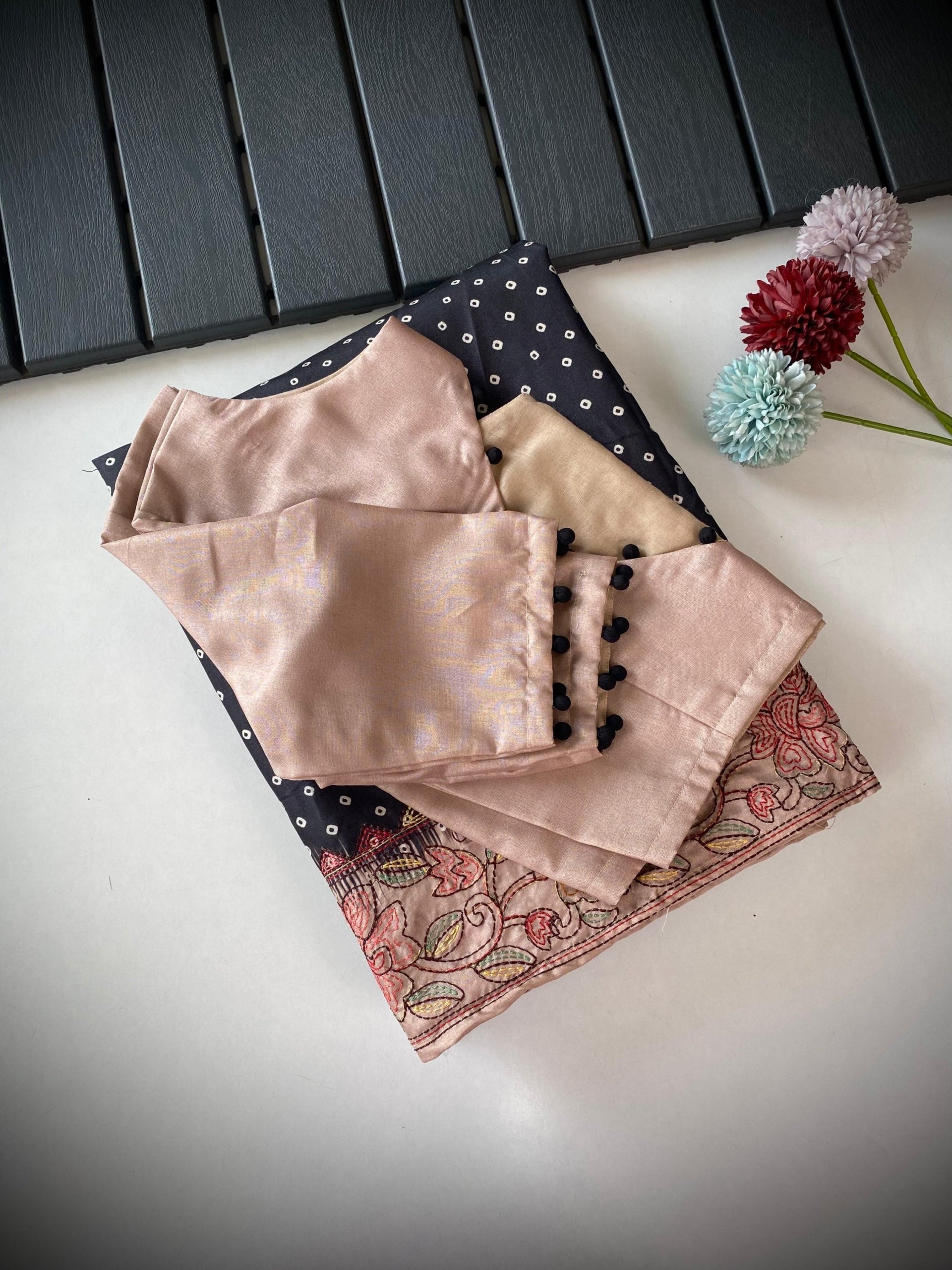 Tussar Saree with Bandini print and Kantha Work