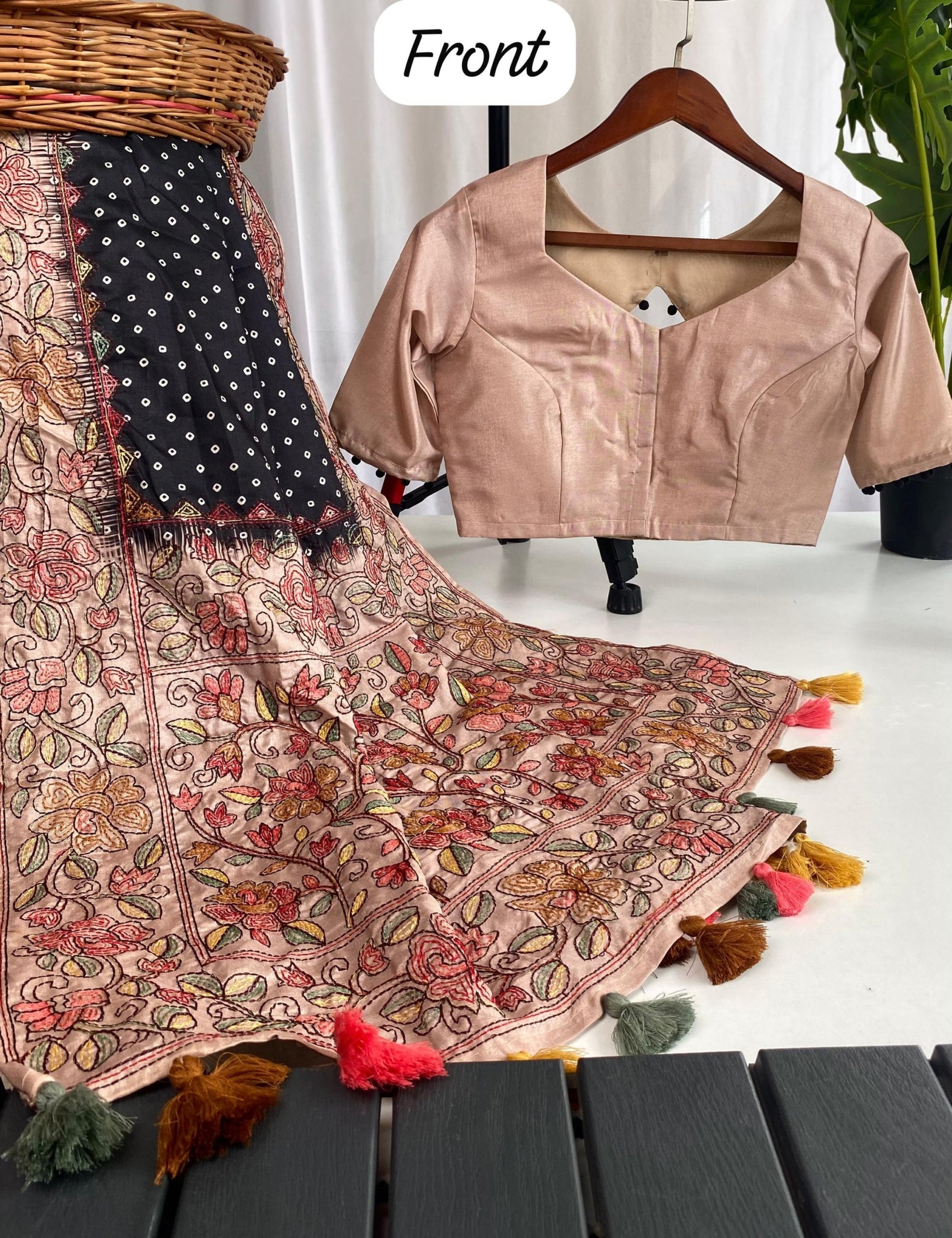 Tussar Saree with Bandini print and Kantha Work