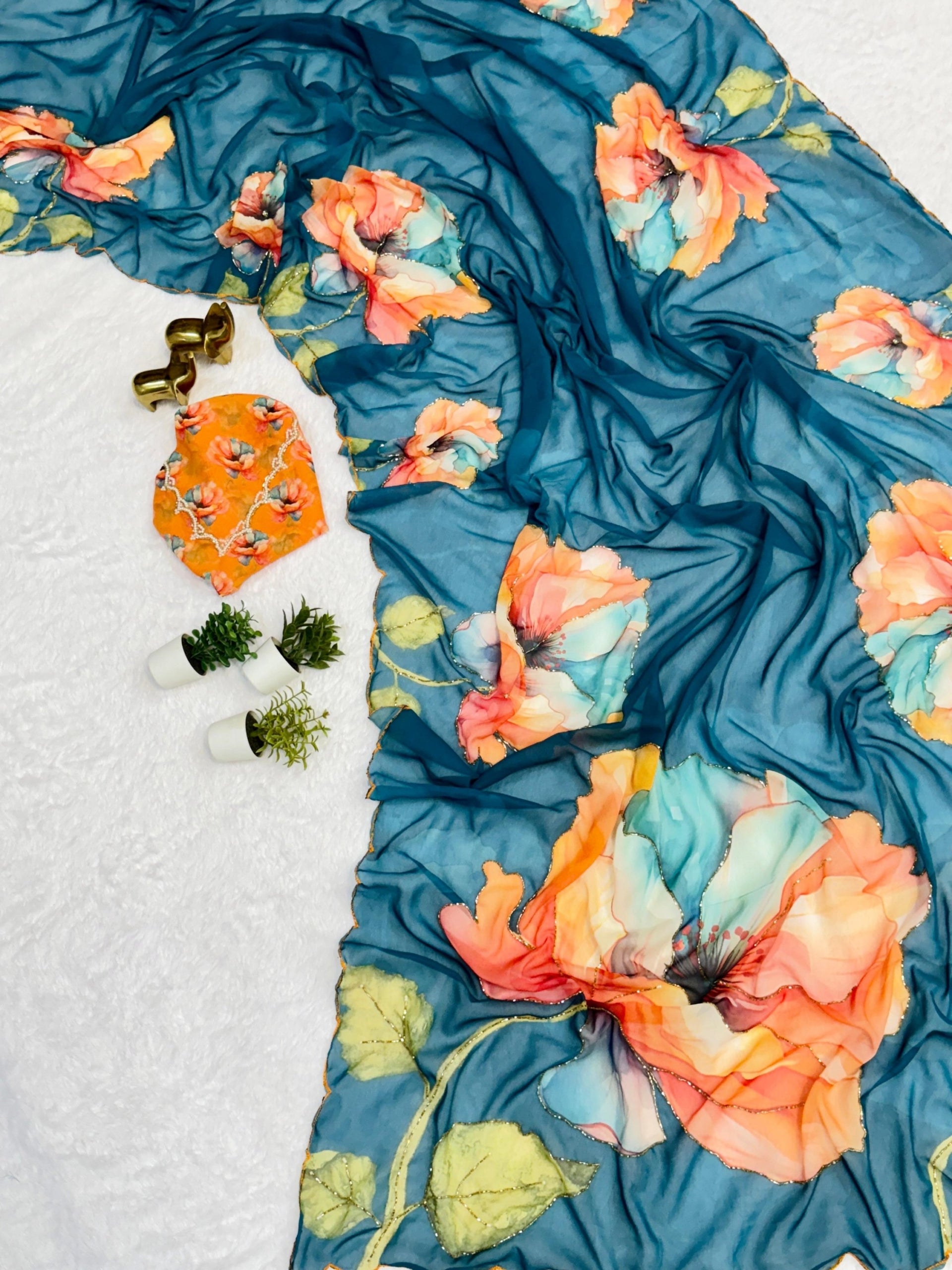 Georgette Butterfly and Floral Designs Saree with Handwork