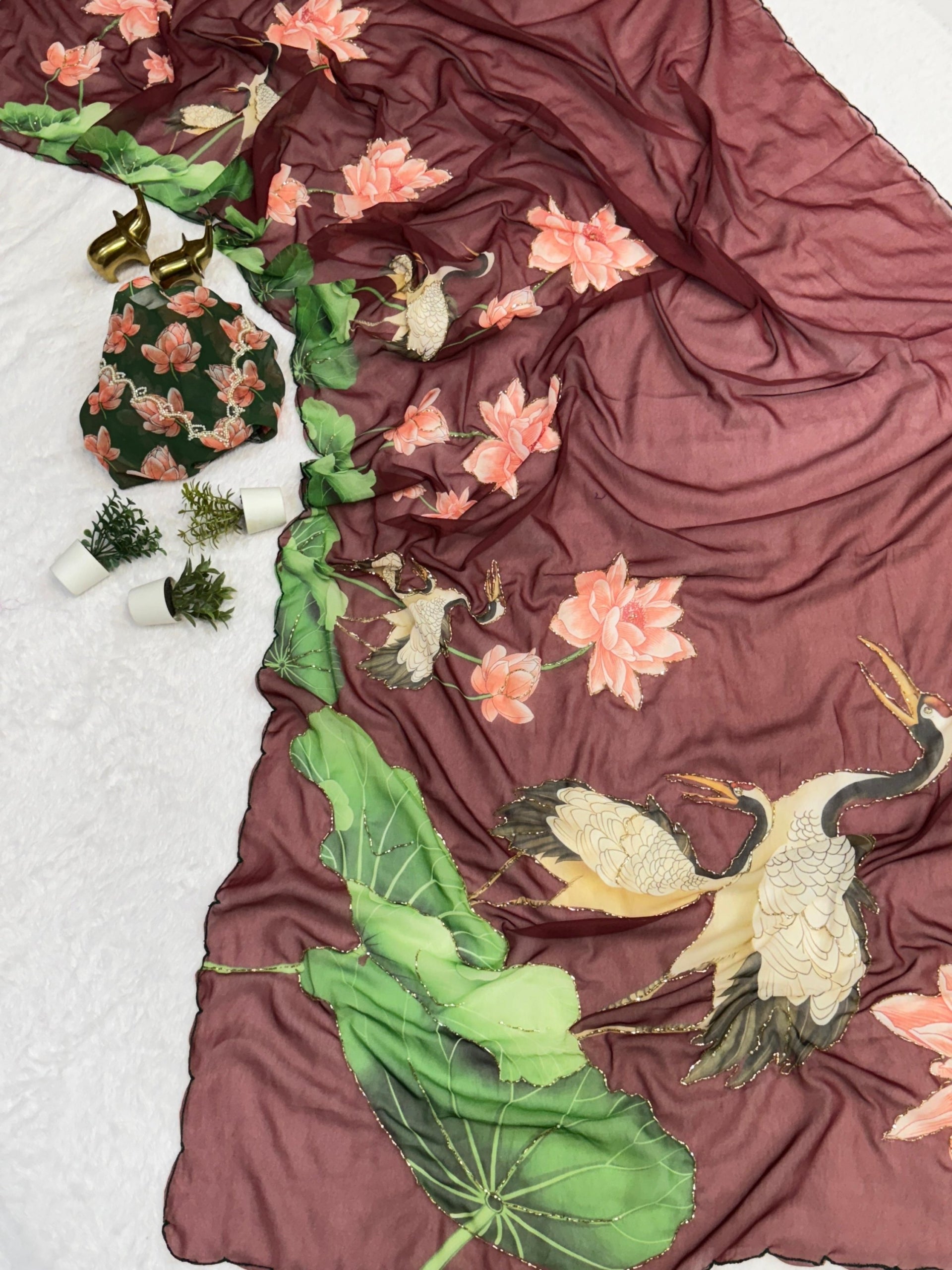 Georgette Butterfly and Floral Designs Saree with Handwork