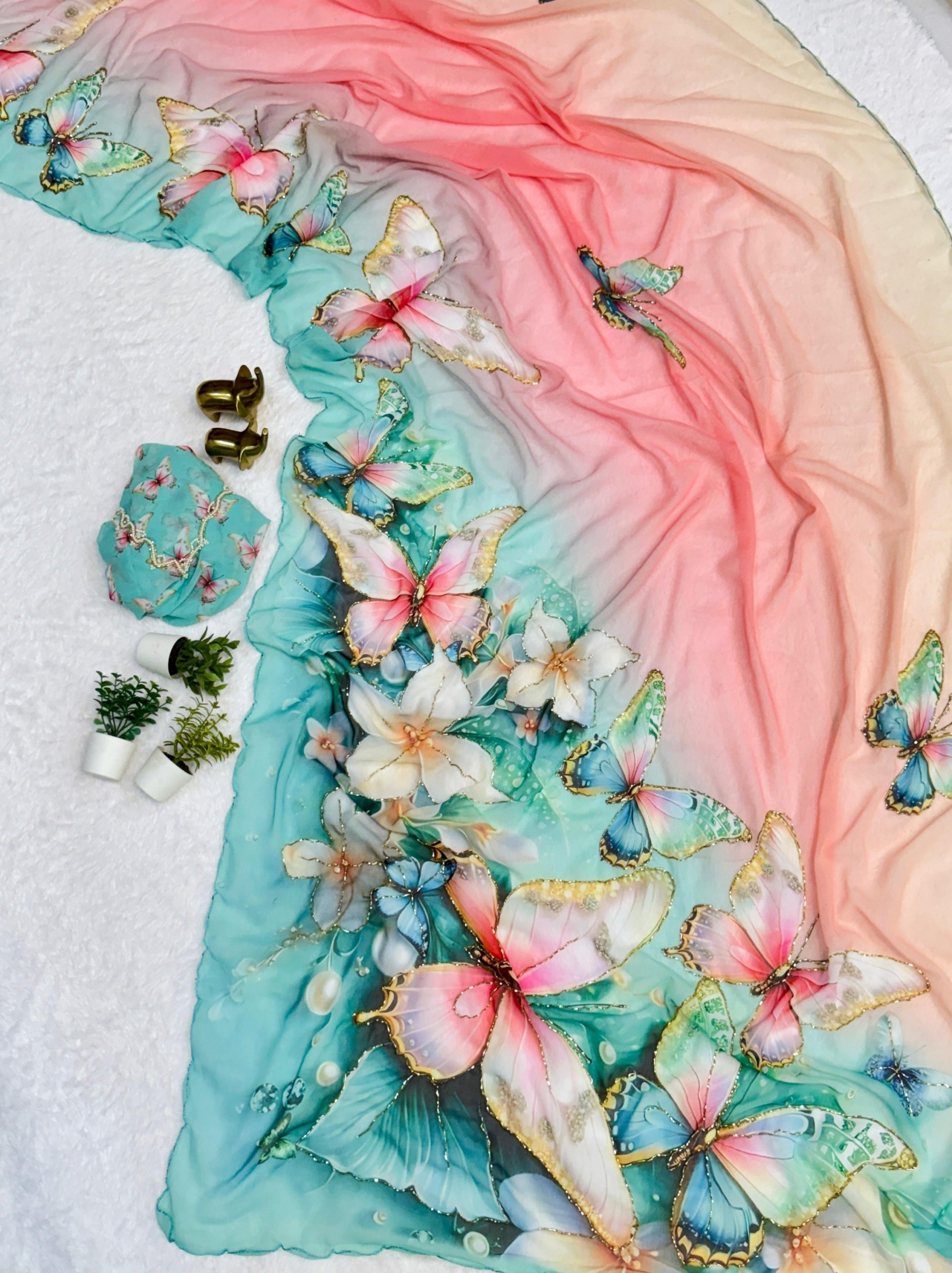 Georgette Butterfly and Floral Designs Saree with Handwork