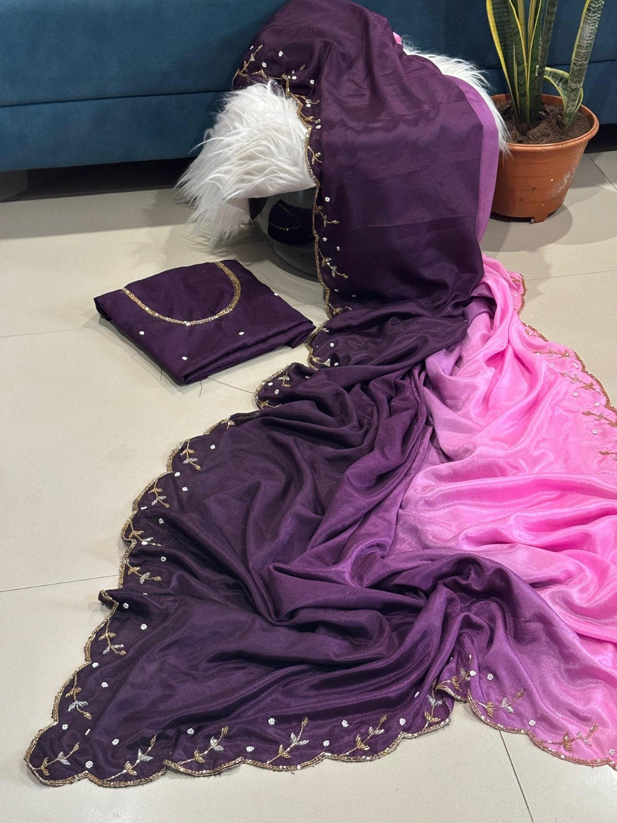 Soft Chinnon Saree with Cutdana Work