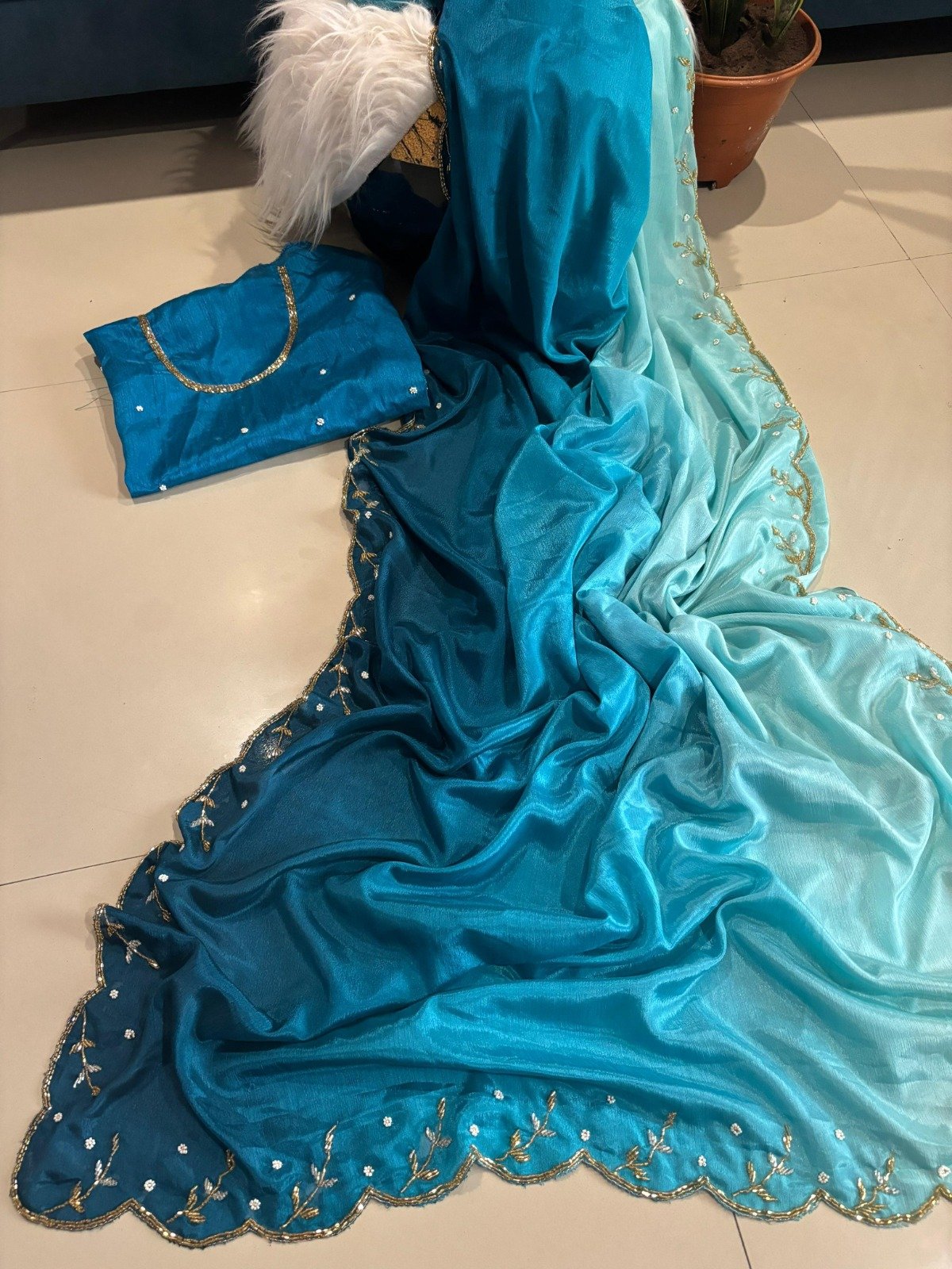 Soft Chinnon Saree with Cutdana Work