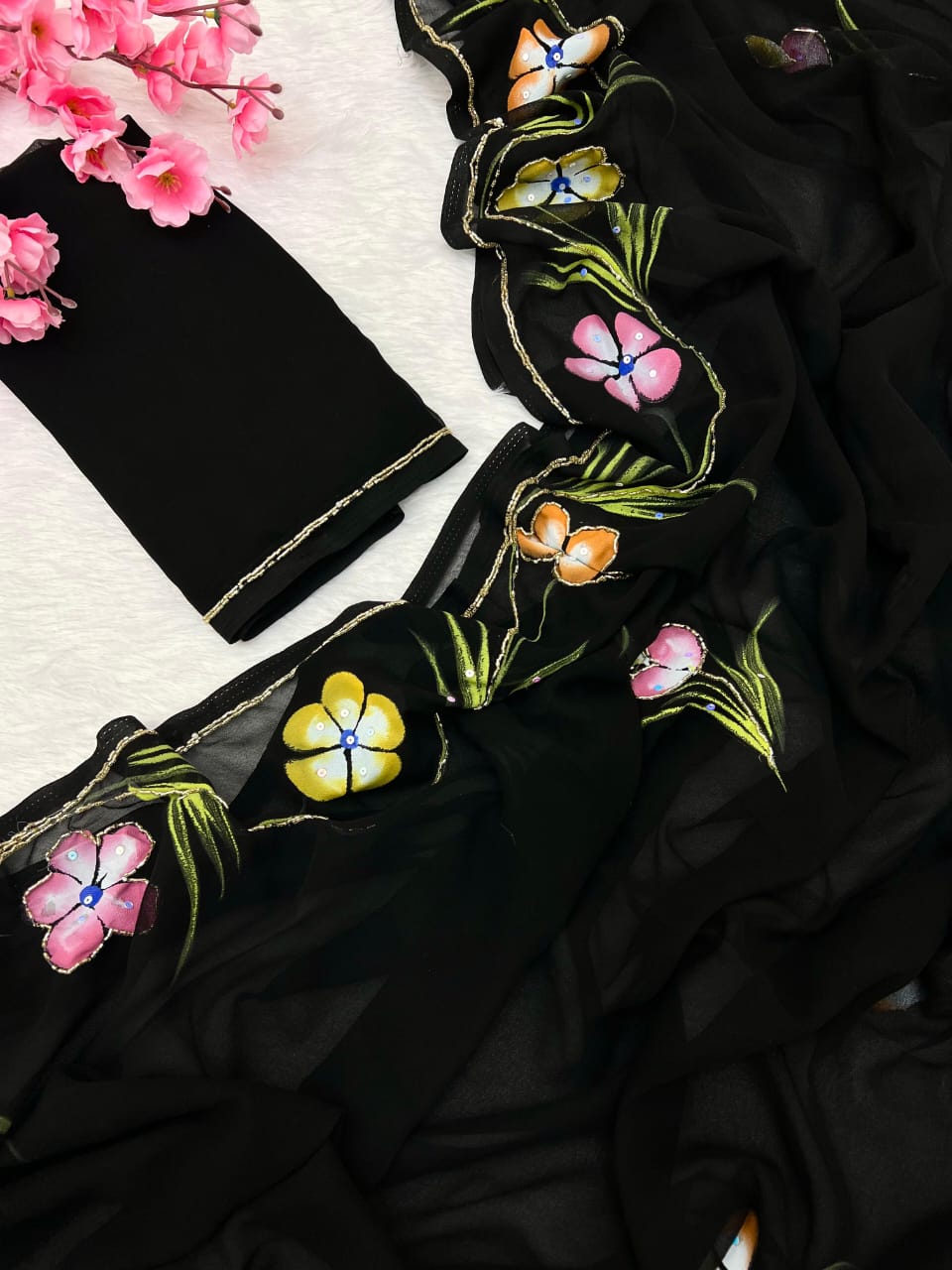 Soft Pure Georgette Handwork Sarees