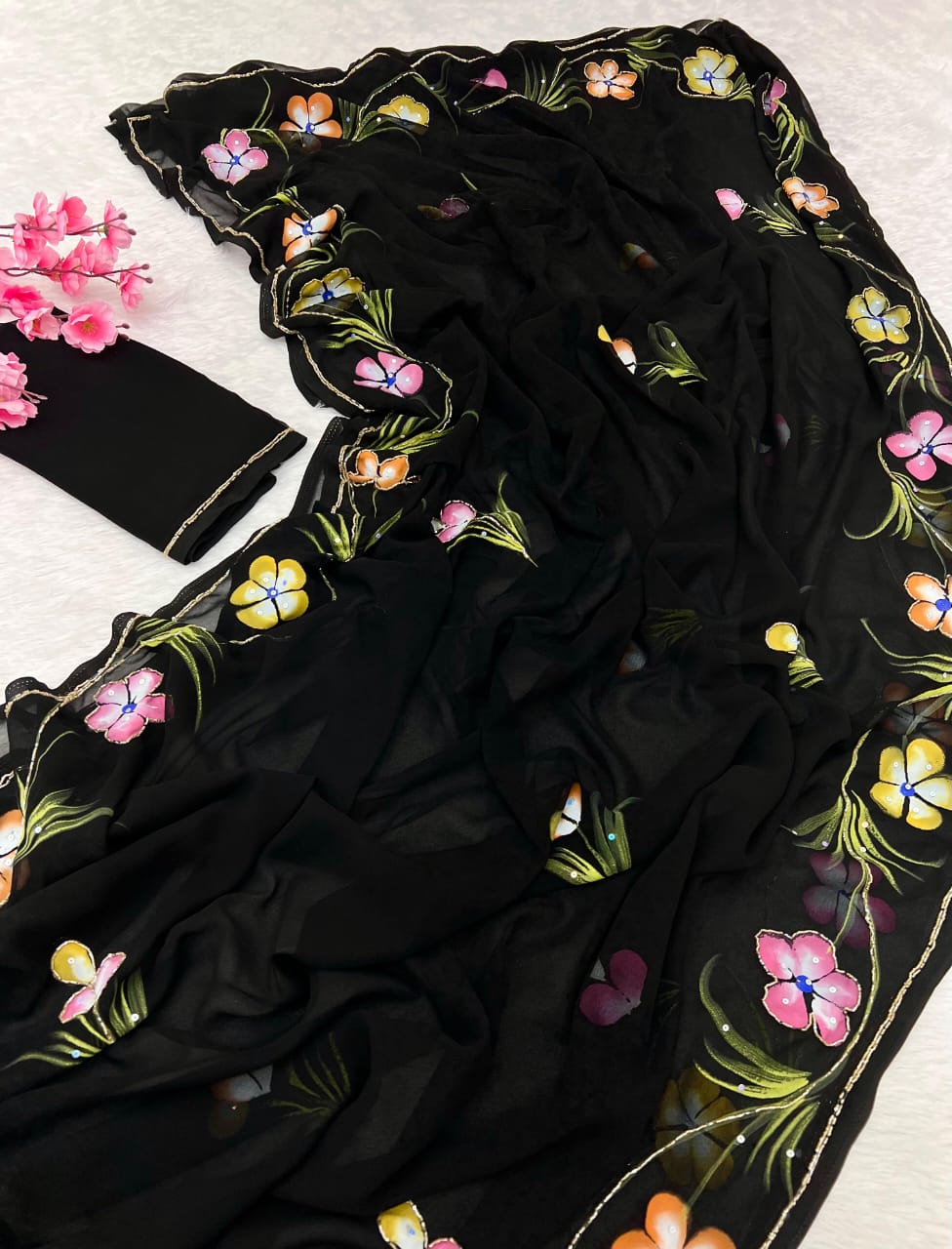 Soft Pure Georgette Handwork Sarees