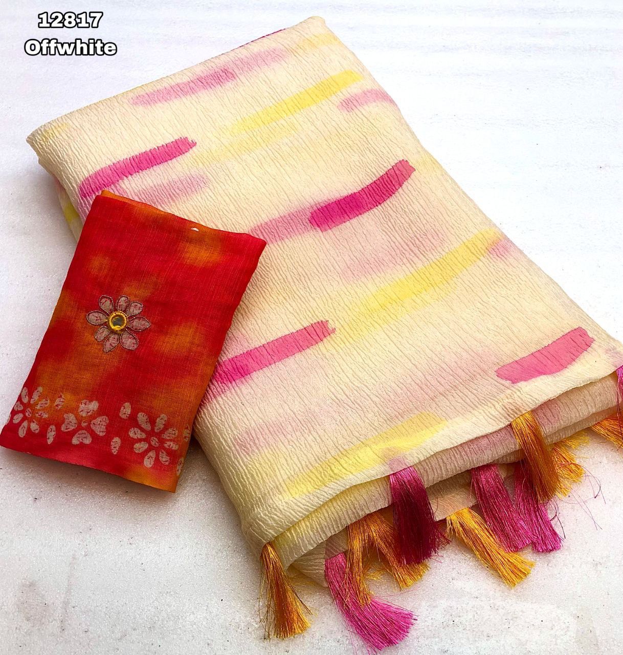 Designer Chiffon Silk Crush Saree with Lenin Embroidery Work Blouse