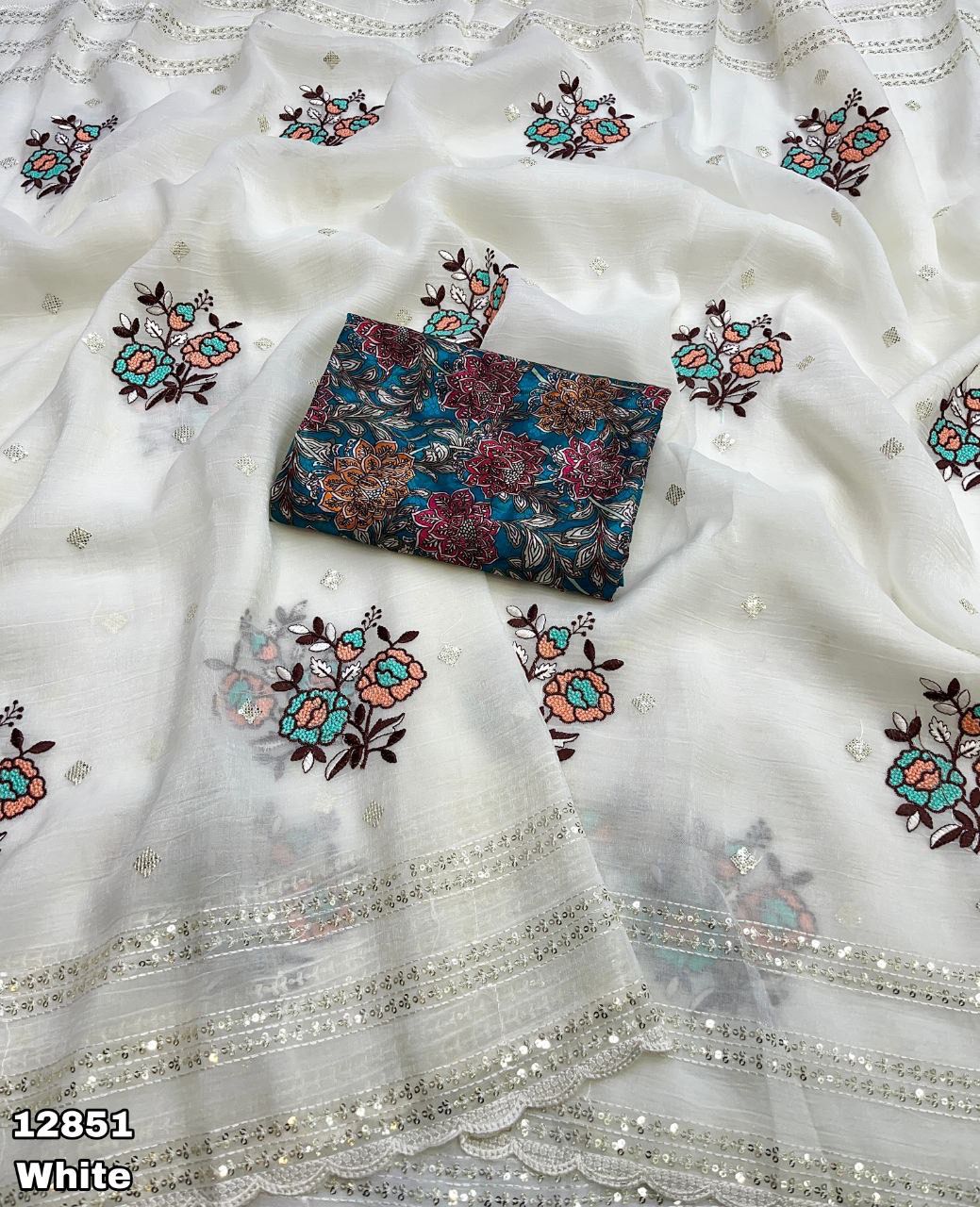 New Colors in Crunchy Design Saree White and Offwhite