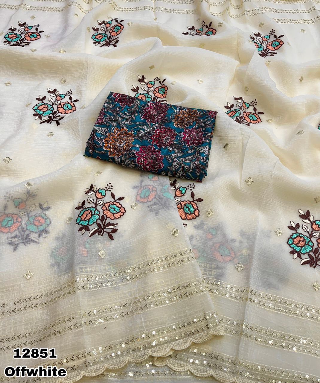 New Colors in Crunchy Design Saree White and Offwhite