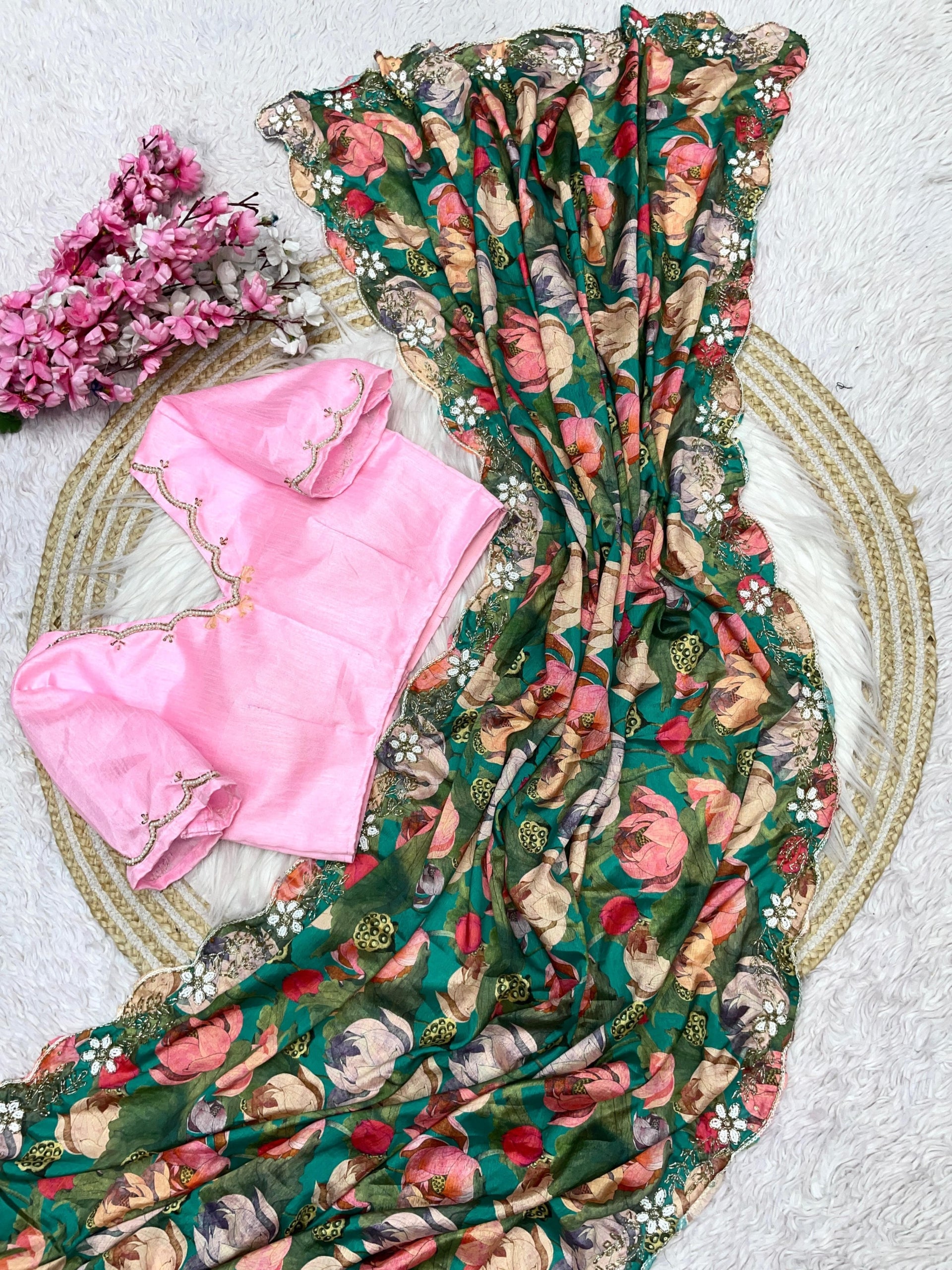 Premium Chinnon Saree with Fully Stitched Handwork Blouse
