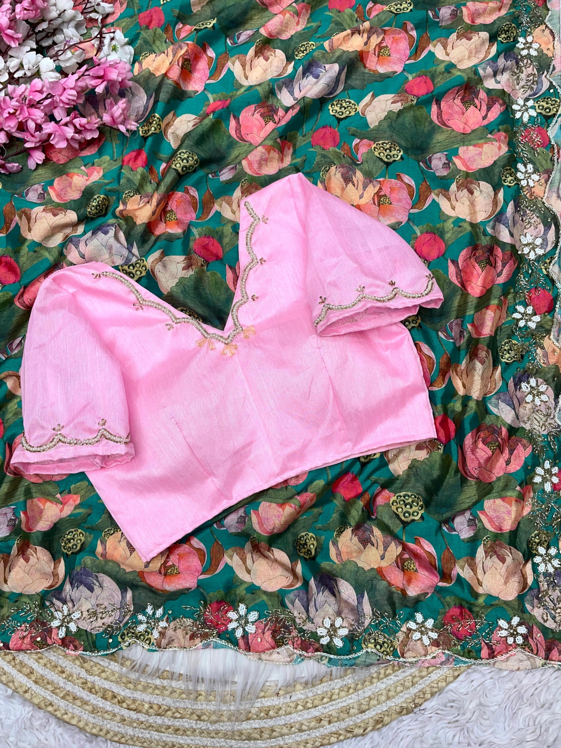 Premium Chinnon Saree with Fully Stitched Handwork Blouse