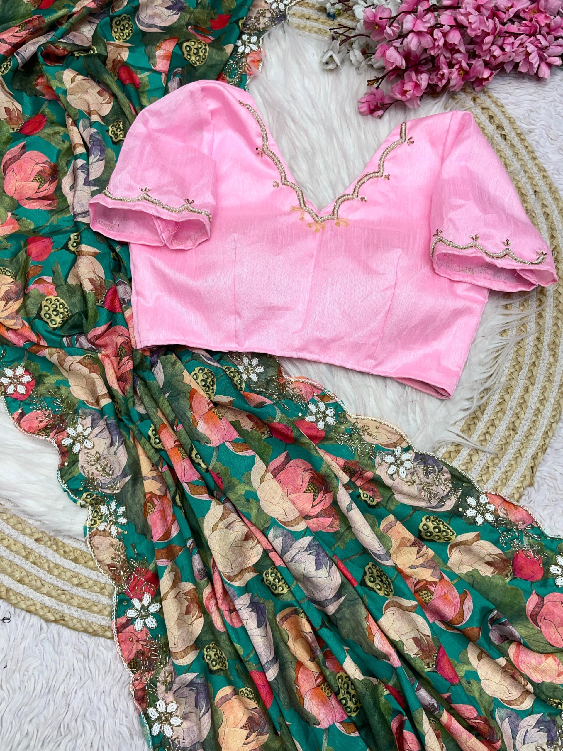 Premium Chinnon Saree with Fully Stitched Handwork Blouse