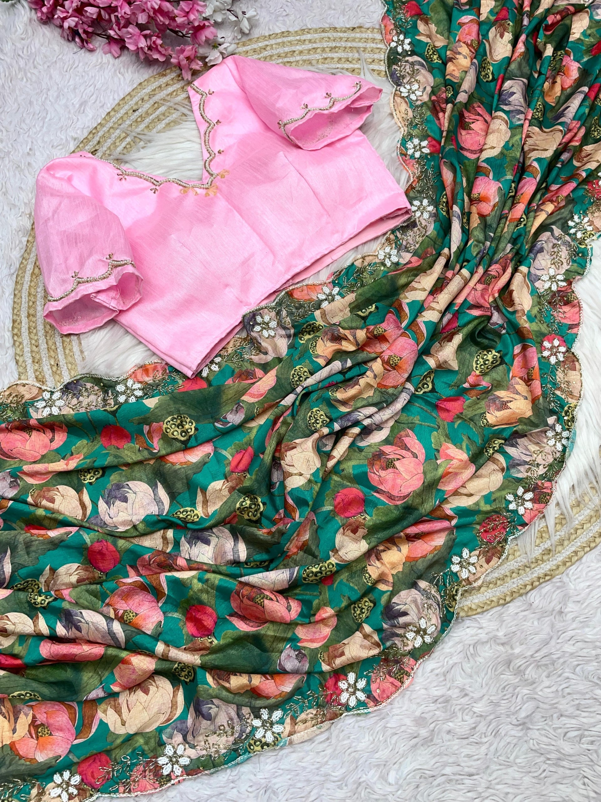 Premium Chinnon Saree with Fully Stitched Handwork Blouse