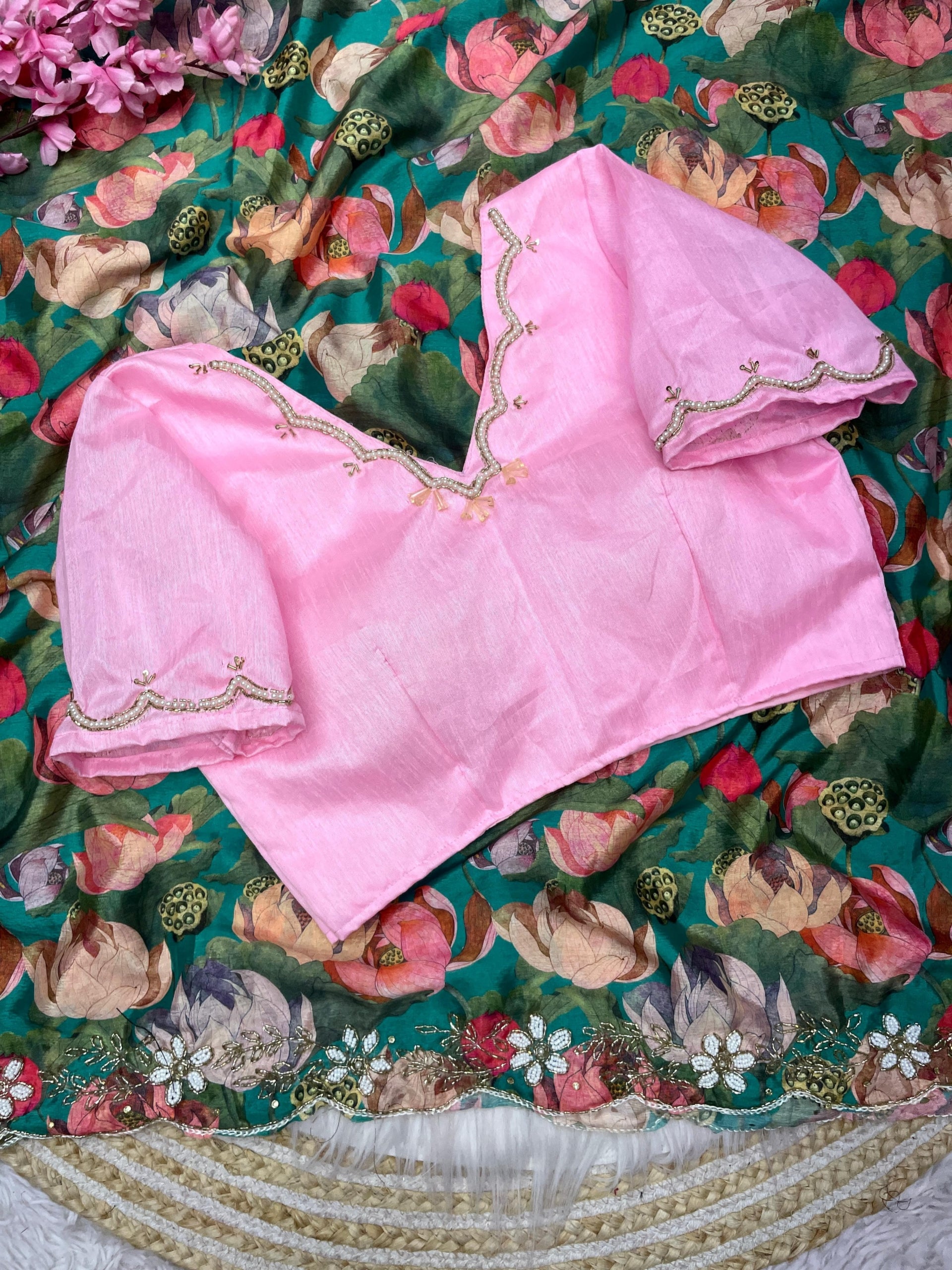 Premium Chinnon Saree with Fully Stitched Handwork Blouse