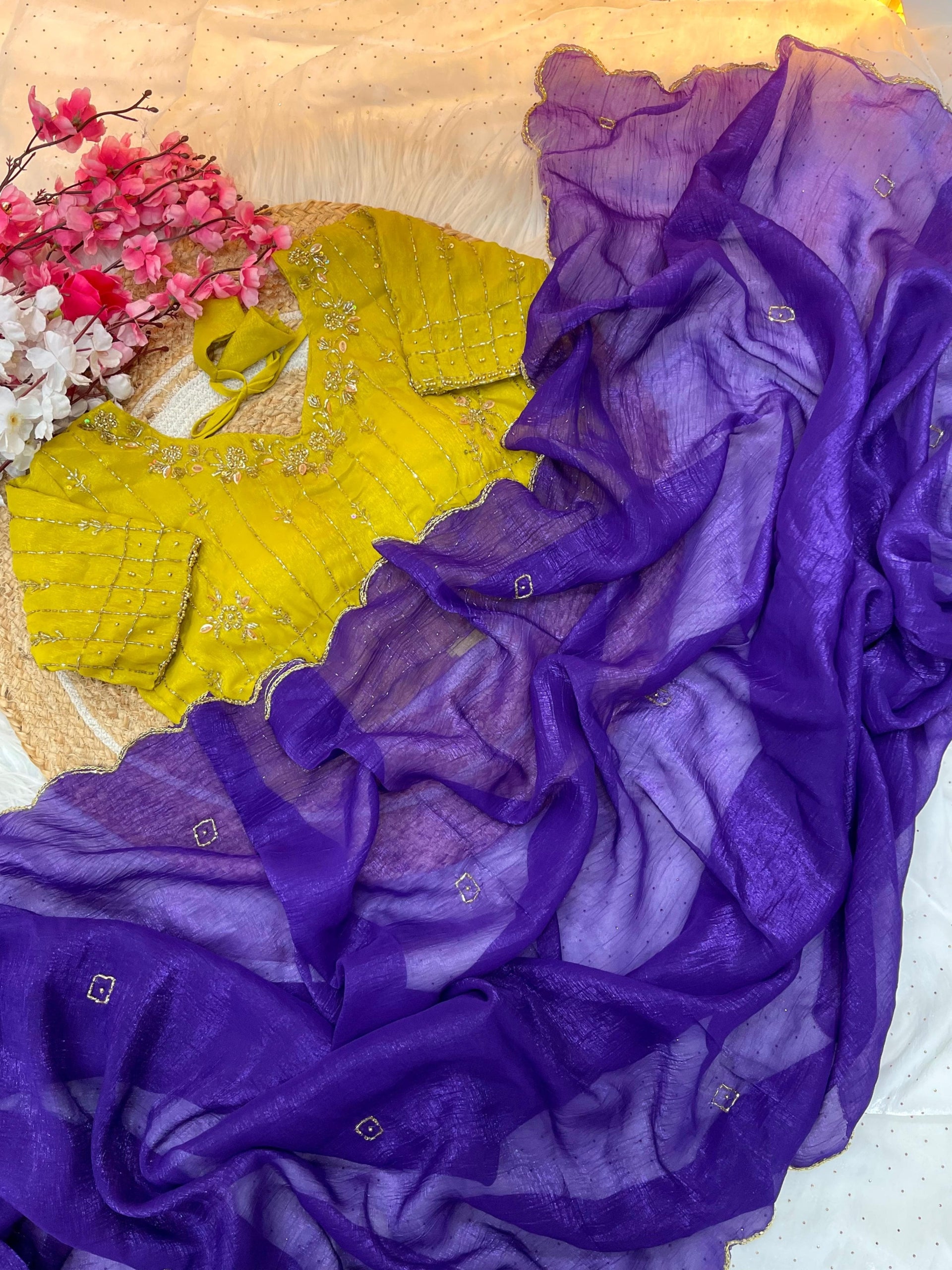 Soft Crunchy Silk Saree with Fully Stitched Blouse fits upto 42