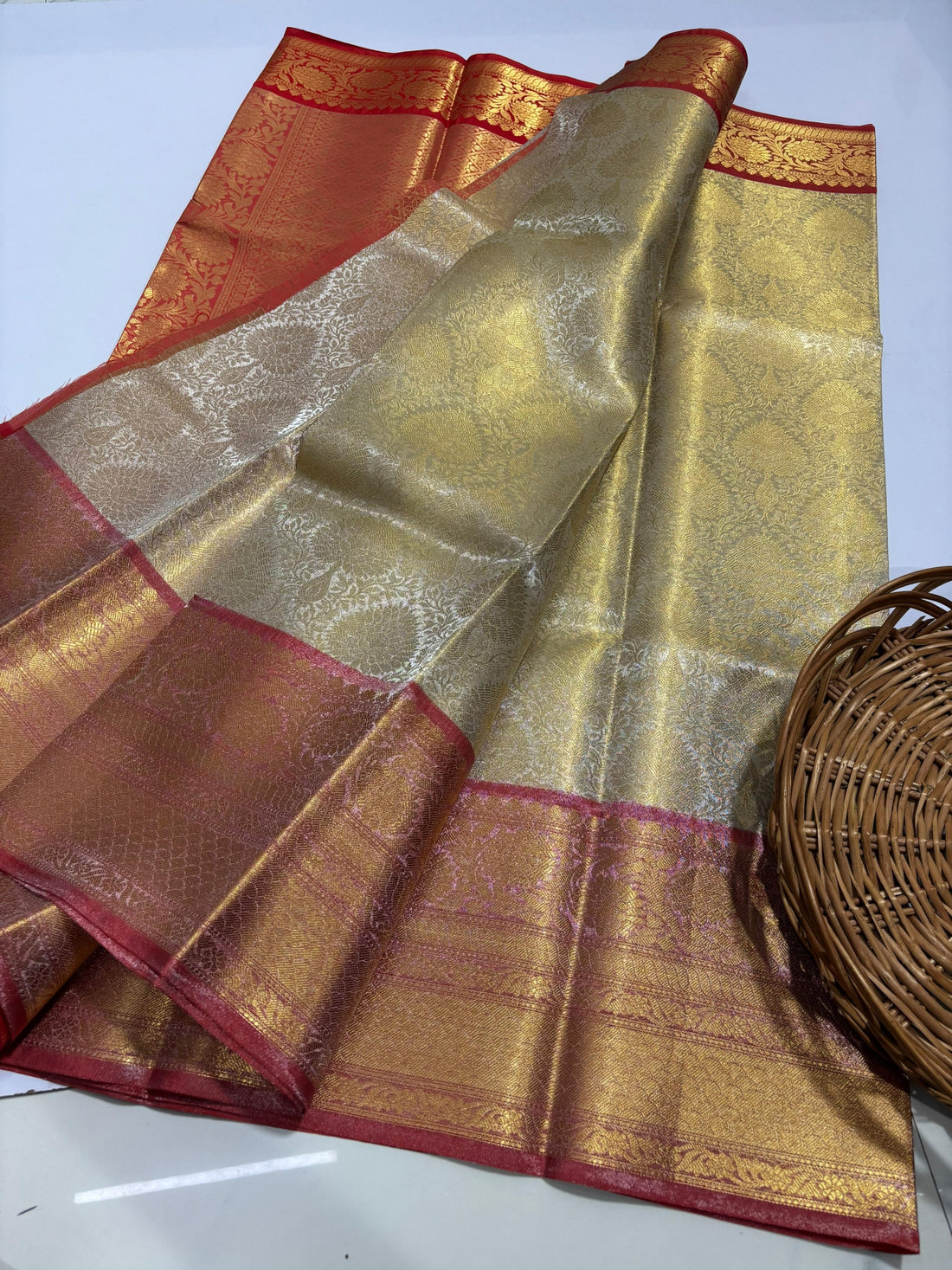 Premium Silver Banarasi Tissue Silk