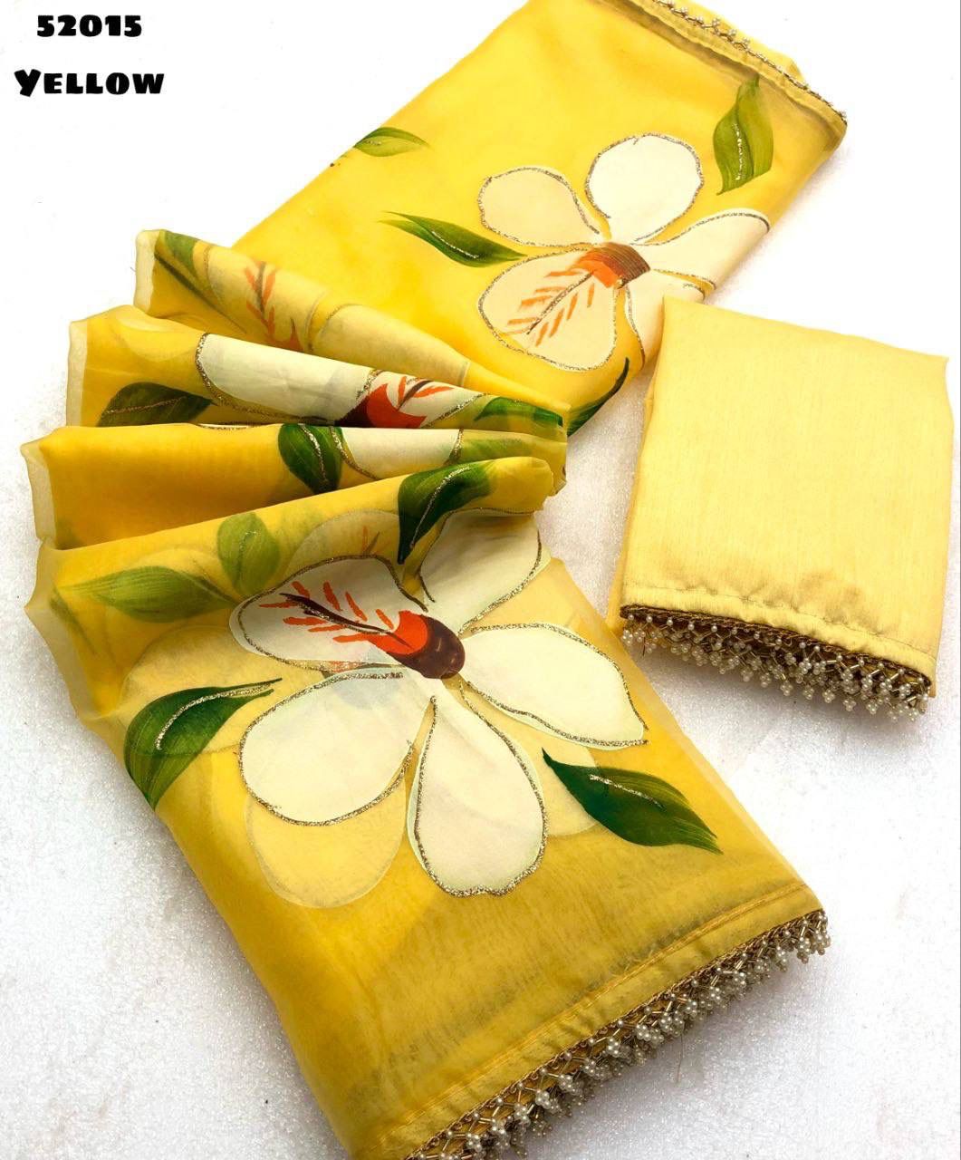 Beautiful Organza Hand-Painted Brush Print Saree
