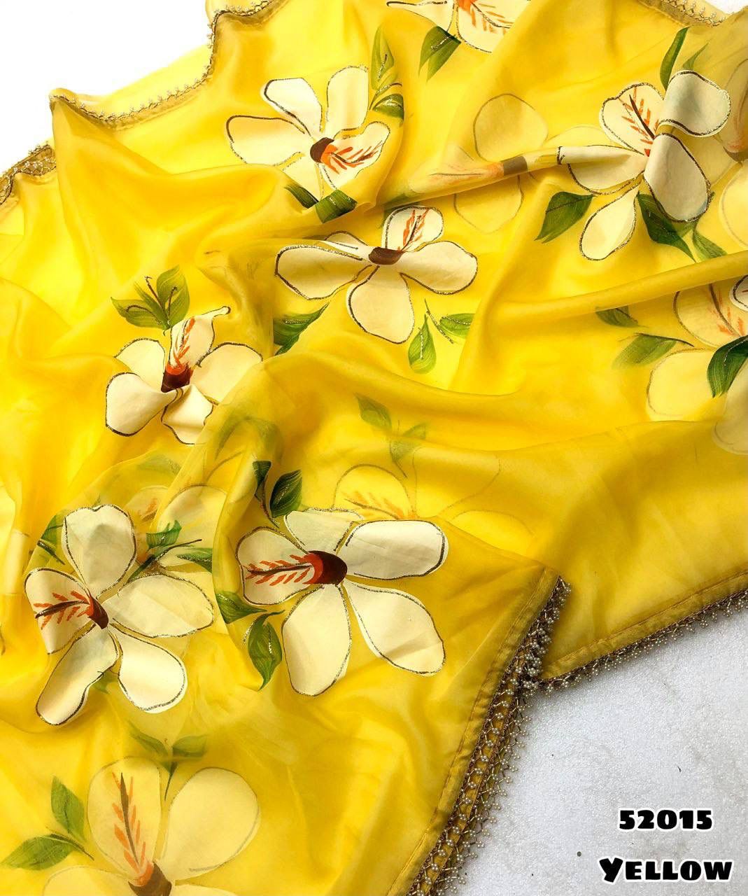 Beautiful Organza Hand-Painted Brush Print Saree