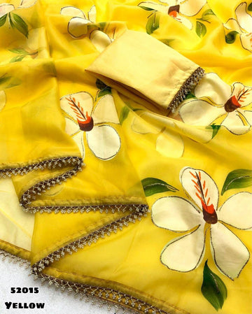 Beautiful Organza Hand-Painted Brush Print Saree