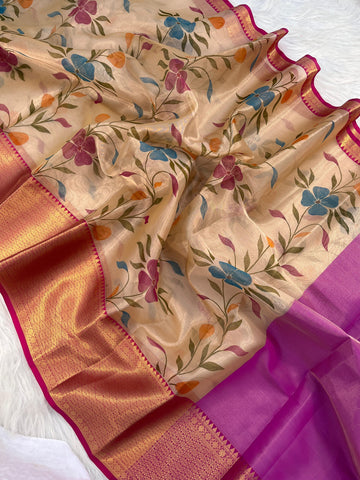 Banarasi Tissue Hand Brush Painted Print Saree