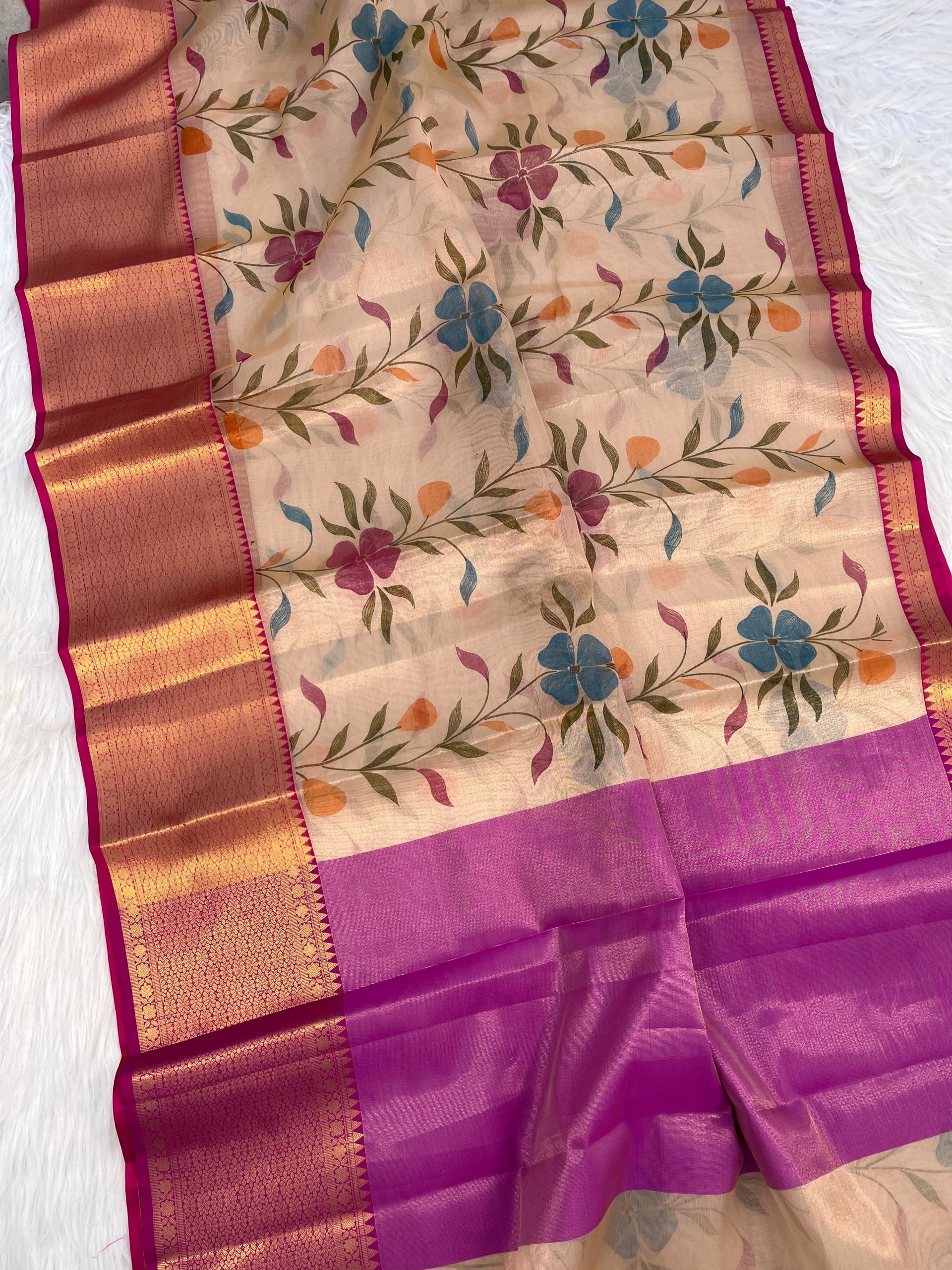 Banarasi Tissue Hand Brush Painted Print Saree