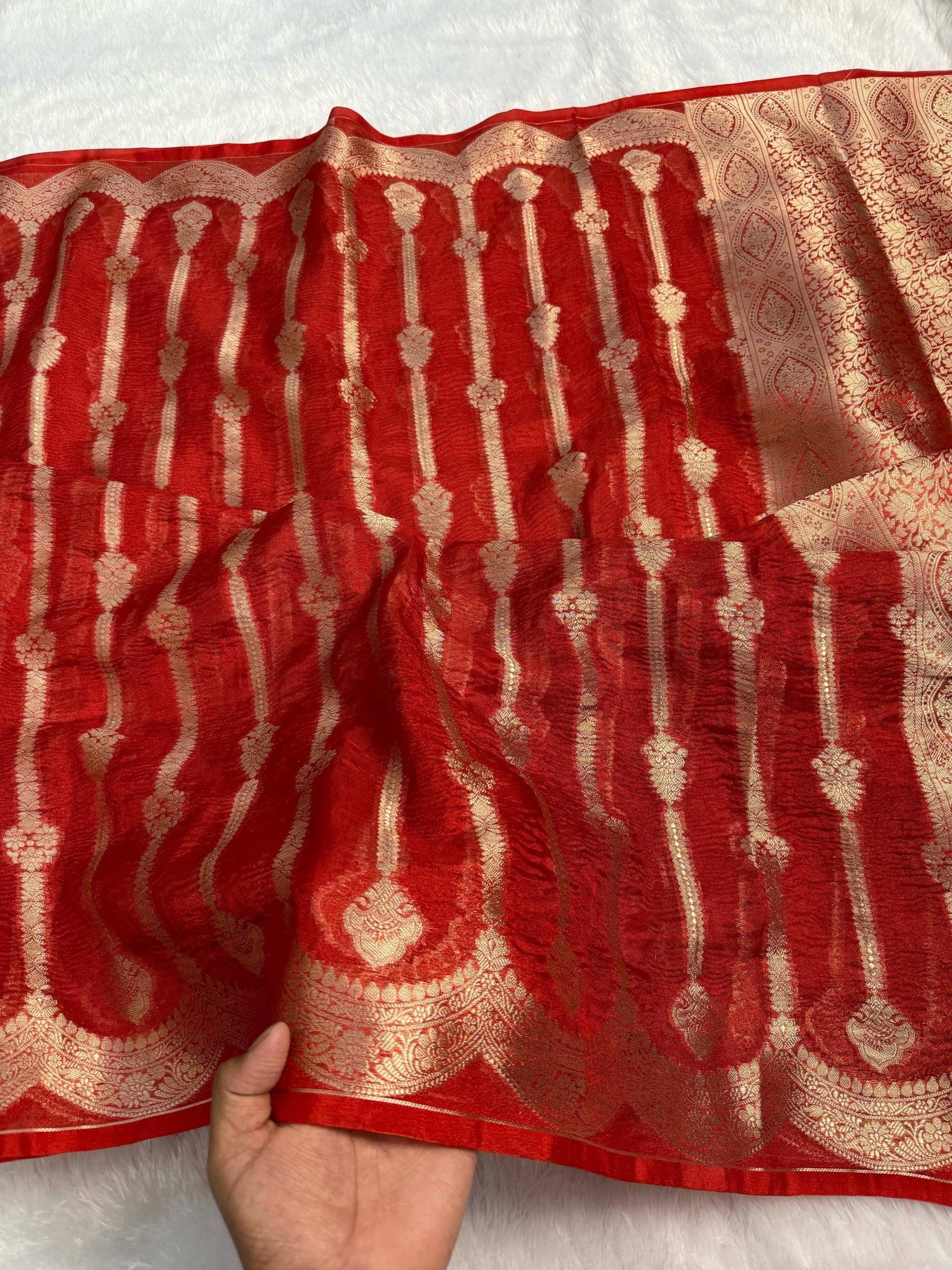 Red Banarasi Tissue Crushed Saree