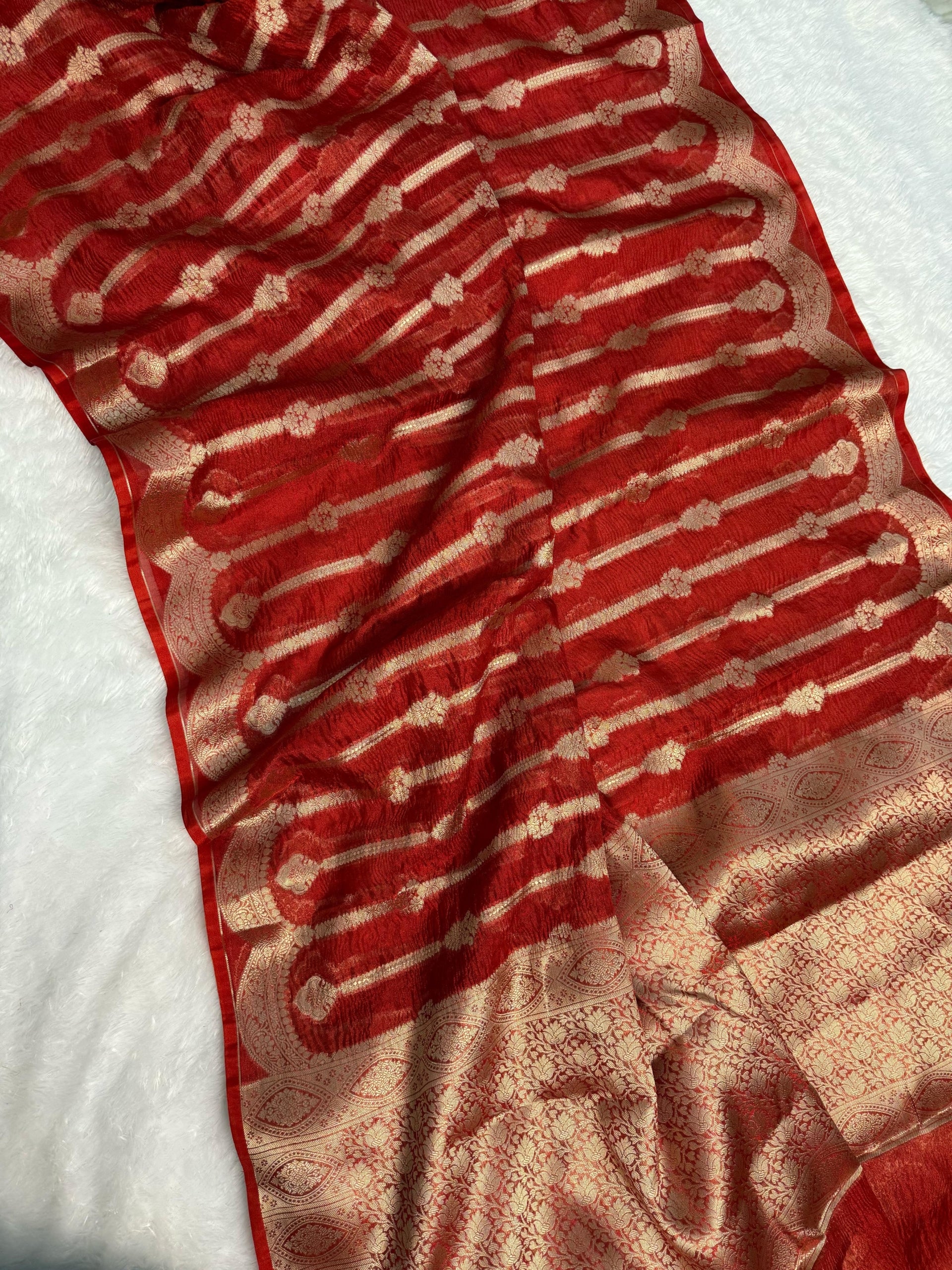 Red Banarasi Tissue Crushed Saree