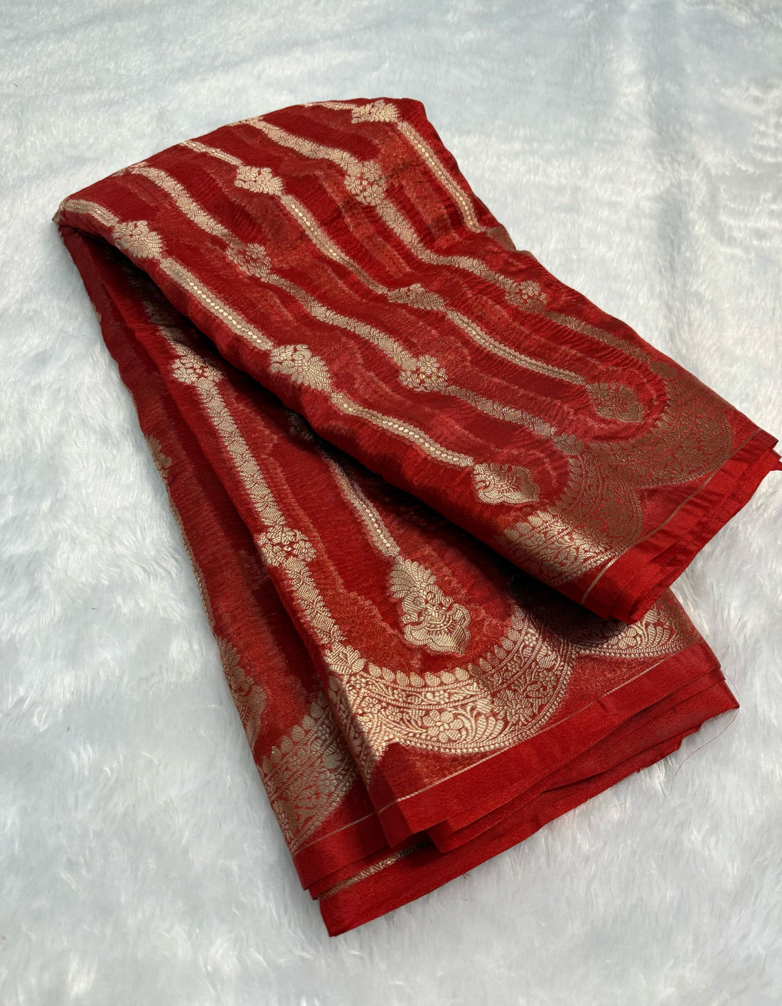 Red Banarasi Tissue Crushed Saree