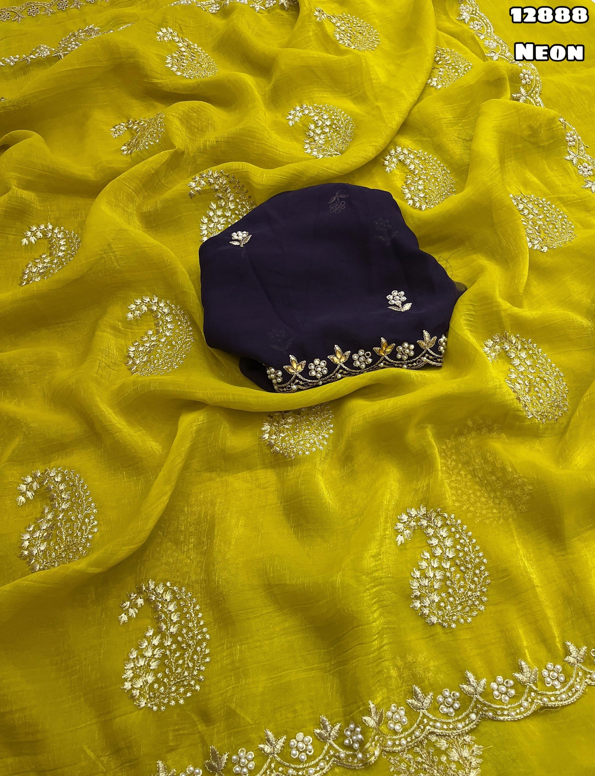 Mustard Yellow Crunchy Crush Saree with Beautiful Embroidery Work