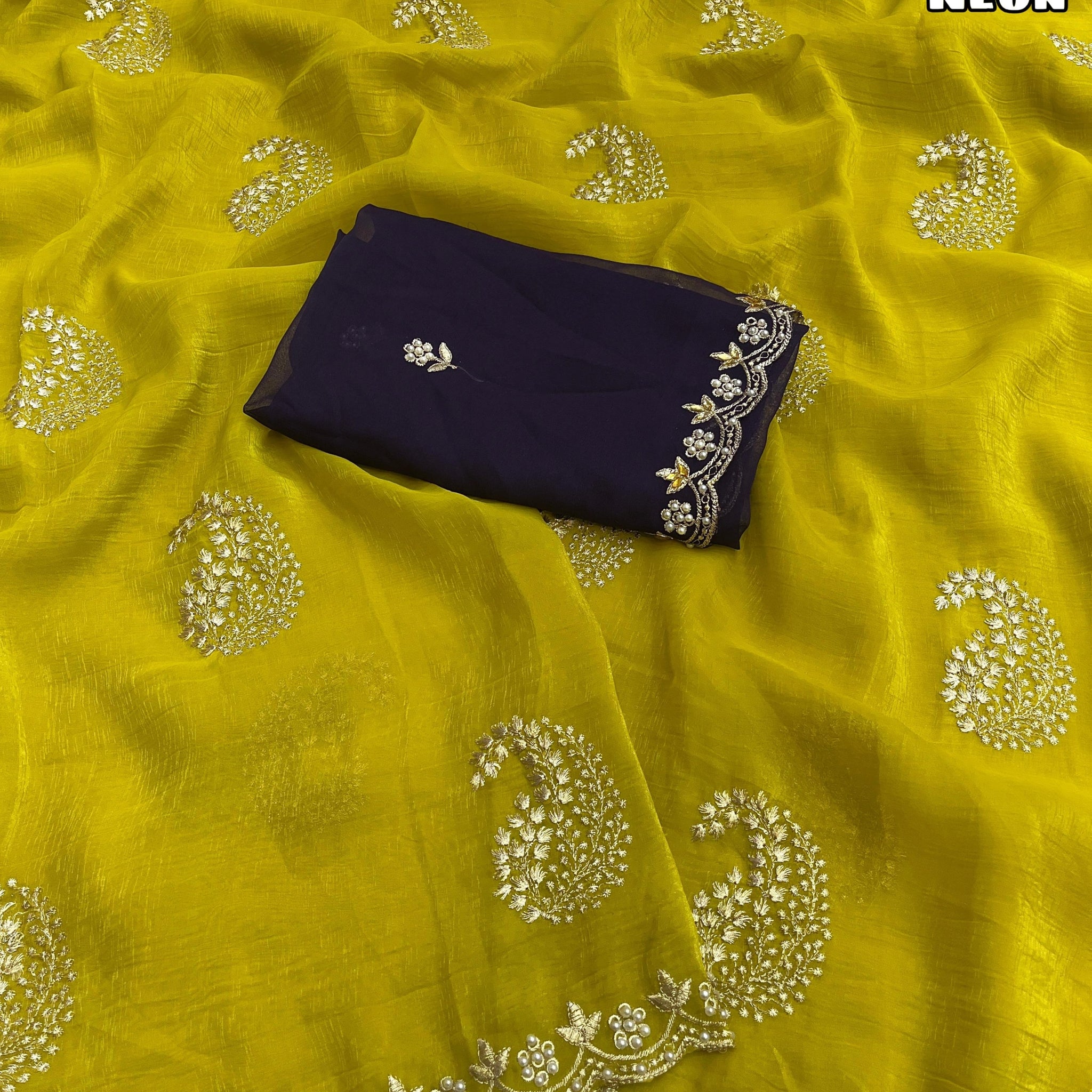 Mustard Yellow Crunchy Crush Saree with Beautiful Embroidery Work