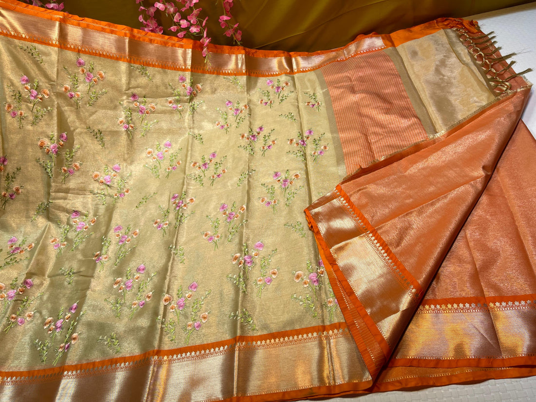 Premium Gold Tissue Silk with Elegant Work