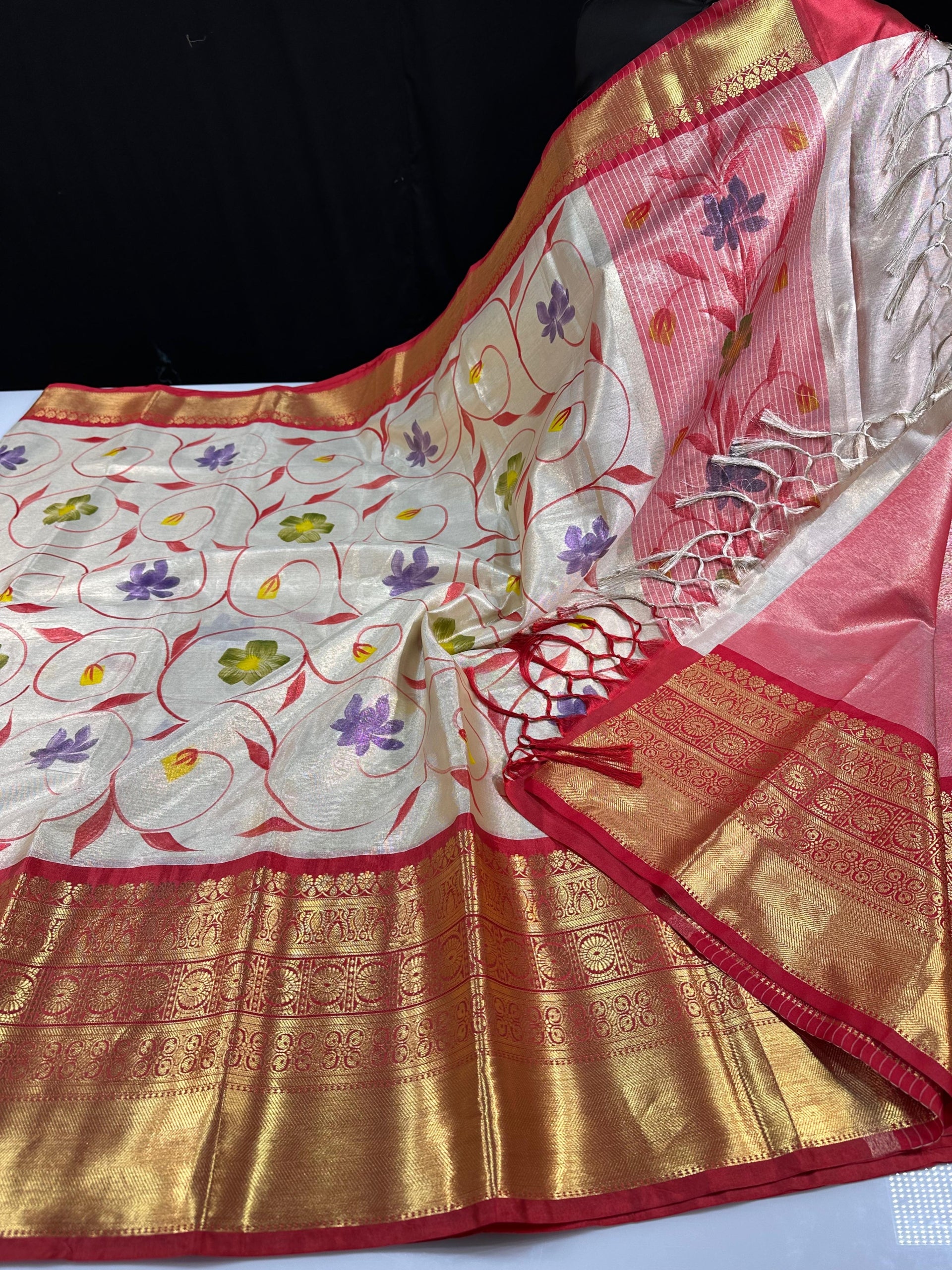 Premium Light Weight Banarasi Tissue Hand Paint Sarees