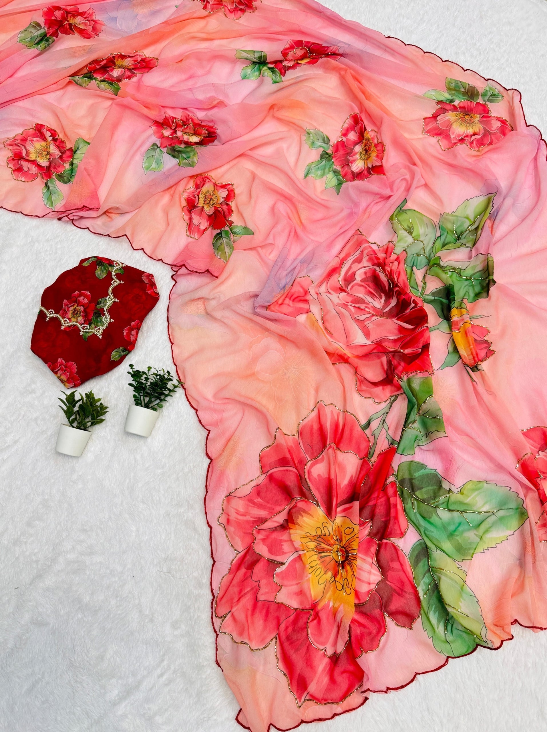 Georgette Floral Saree with Handwork
